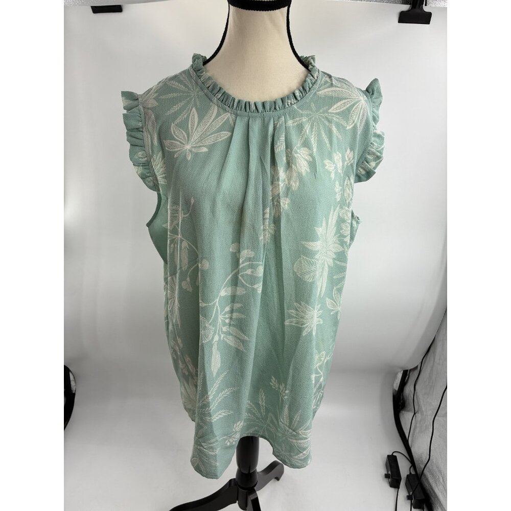 JON & ANNA Women's 1X Plus Green Floral Ruffle Cap Sleeve Blouse